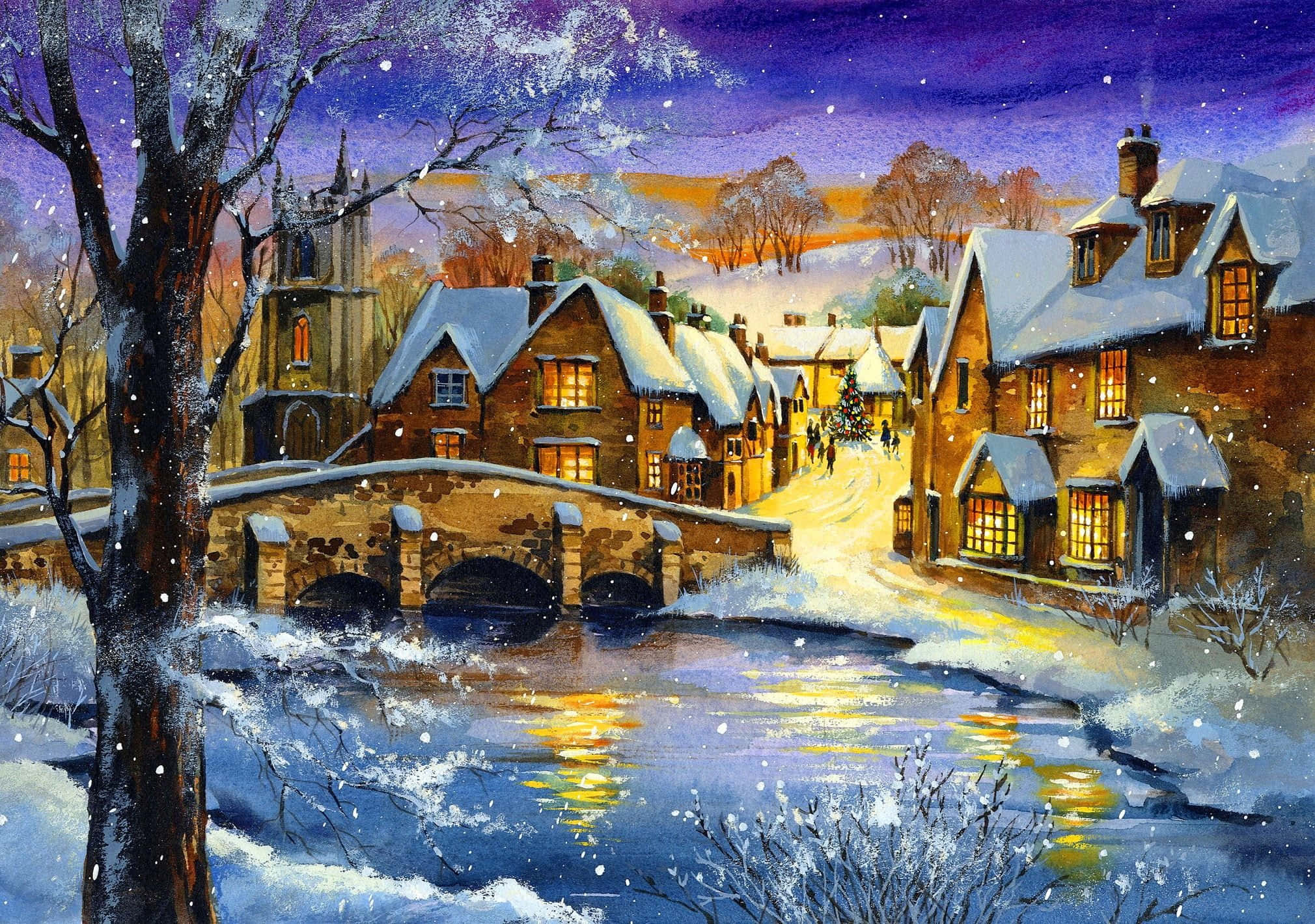 Snowy Village 桌布 壁紙 — 白雪覆蓋著暮色中舒適的村莊，溫暖的燈光從窗戶透出，映照在結冰的河面上，下方是繁星點點的紫色天空。