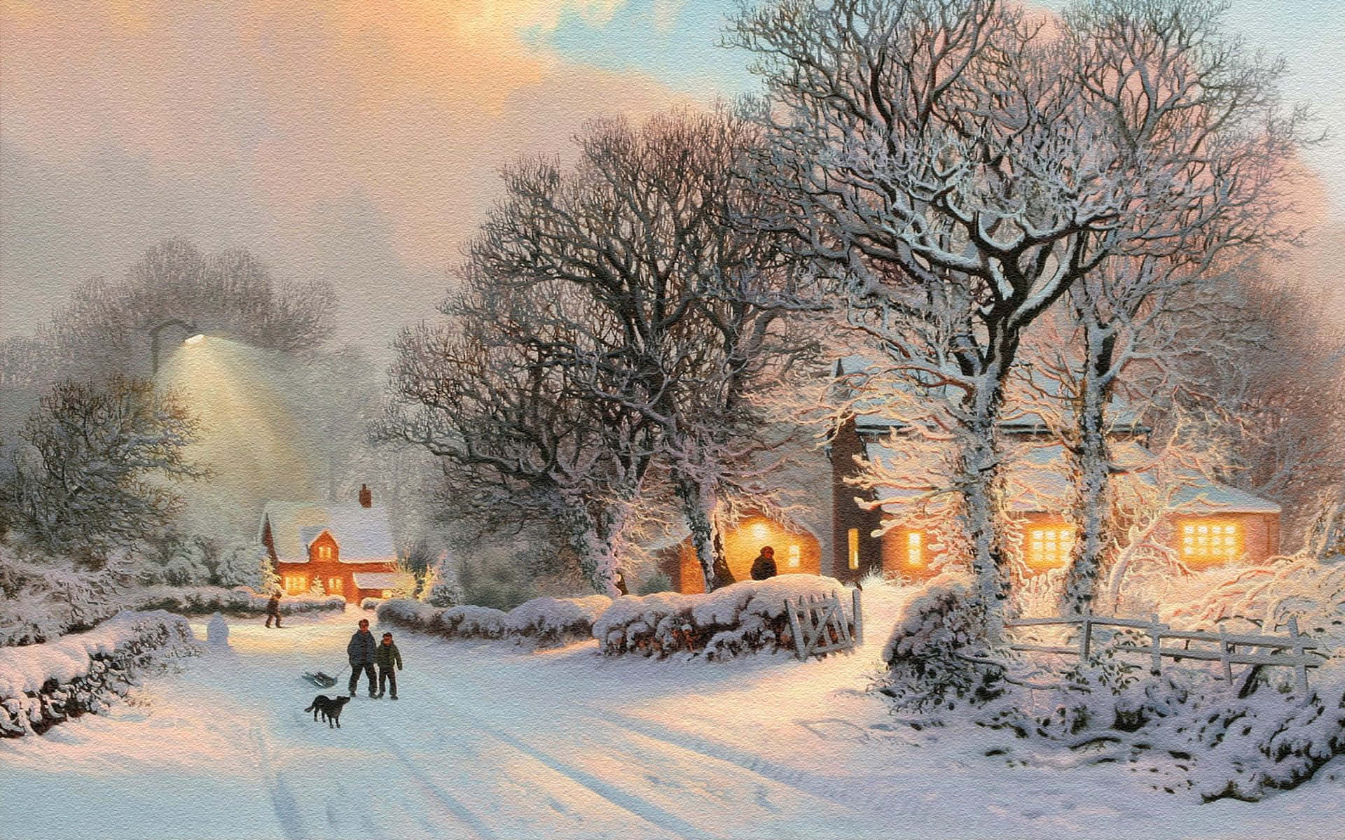 冬天桌面 桌布 壁紙 — 白雪覆蓋著黃昏時分的寧靜村莊，溫暖的燈光從房屋中閃耀，人影帶著狗走在白雪覆蓋的小路上。