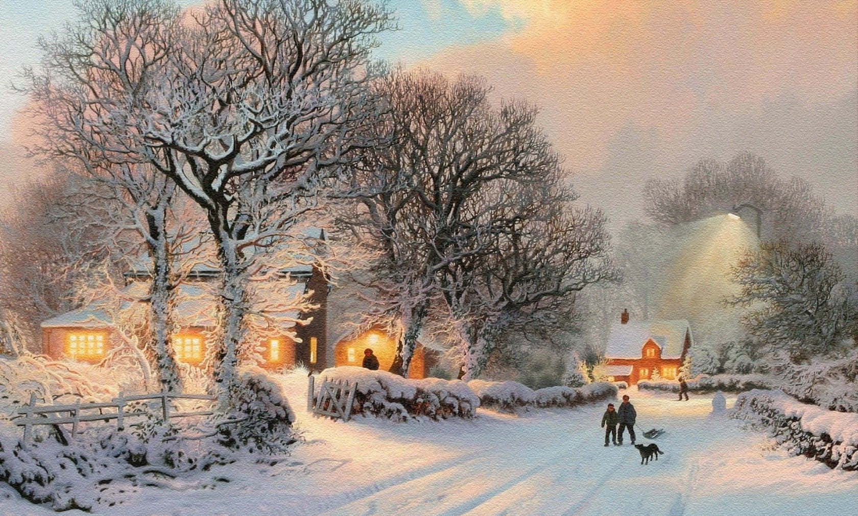 Winter Painting 桌布 壁紙 — 白雪覆蓋著黃昏時分的寧靜村莊，窗戶透出溫暖的燈光，人們帶著狗在雪徑上行走。
