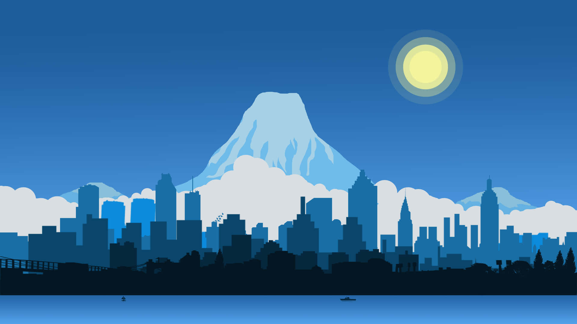 夜晚城市天際線與山脈和月亮