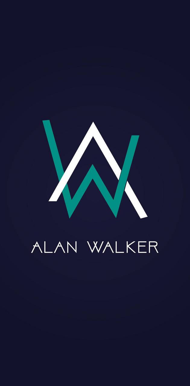 Alan Walker標誌，在深藍色背景上以白色和藍綠色風格化的AW。