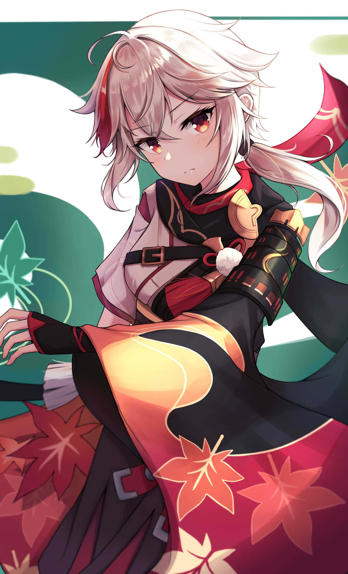 白髮紅眼動漫女孩穿著黑色和紅色的楓葉服裝。