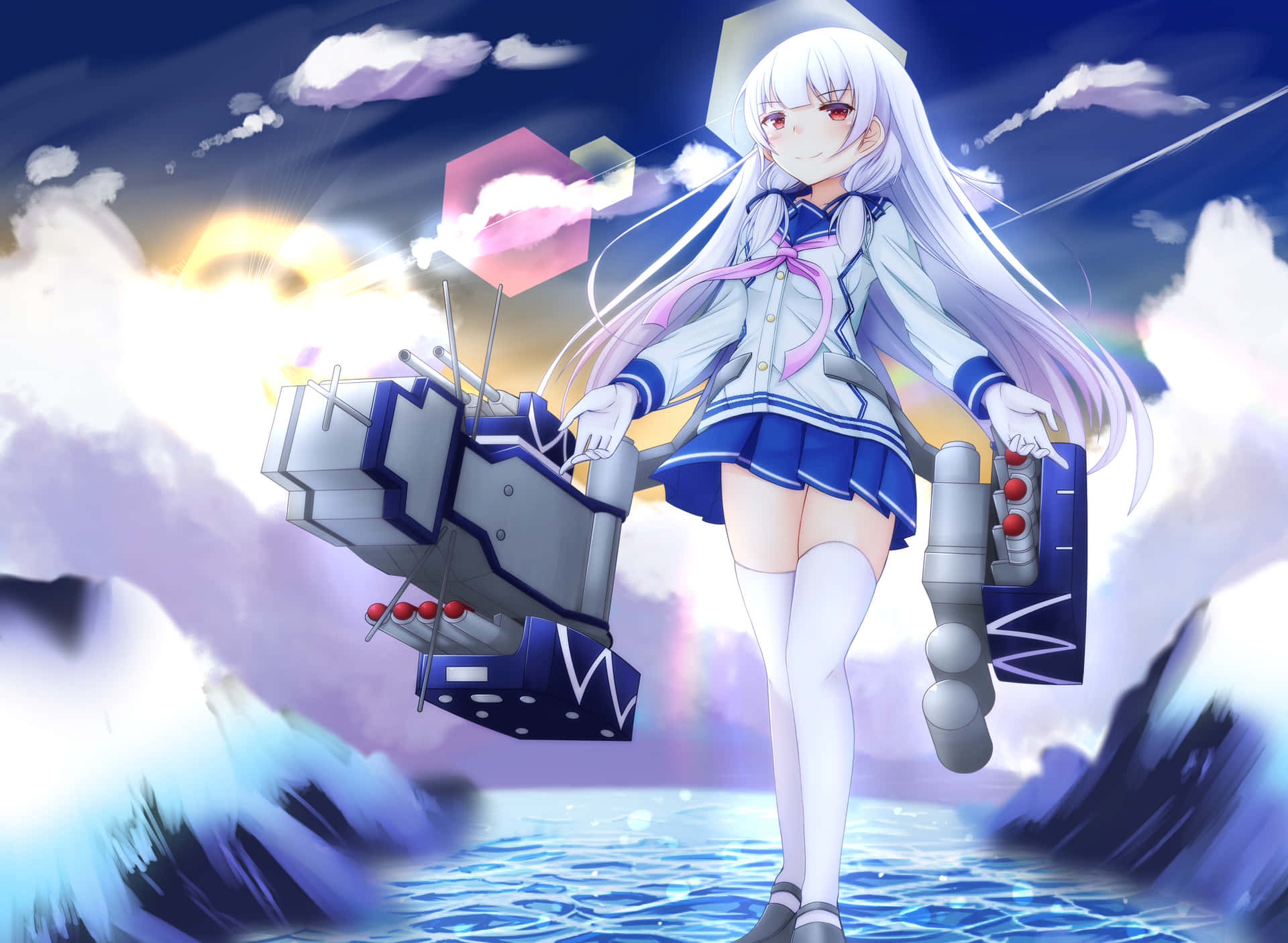 穿著水手服的動畫女孩在日落時分的海浪上手持海軍炮。