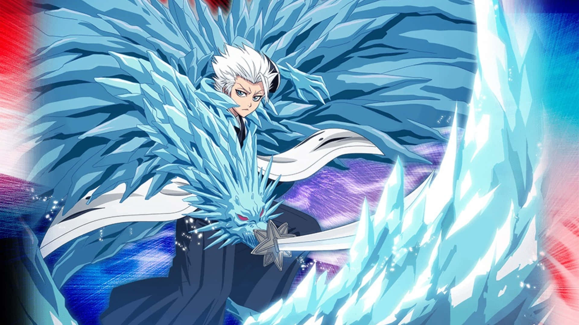 Toshiro Hitsugaya 桌布 壁紙 — 白髮動漫戰士揮舞著一把被水晶翅膀和能量包圍的發光藍色冰劍。