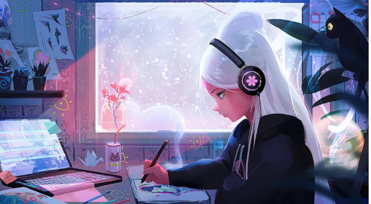 白發動漫女孩在雪窗旁的書桌前畫畫，帶有粉紅燈光。