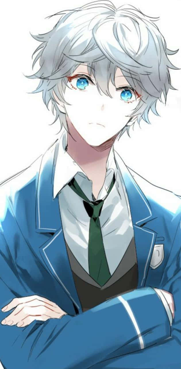 銀髮藍眼嘅動漫男仔著校服雙手交叉。