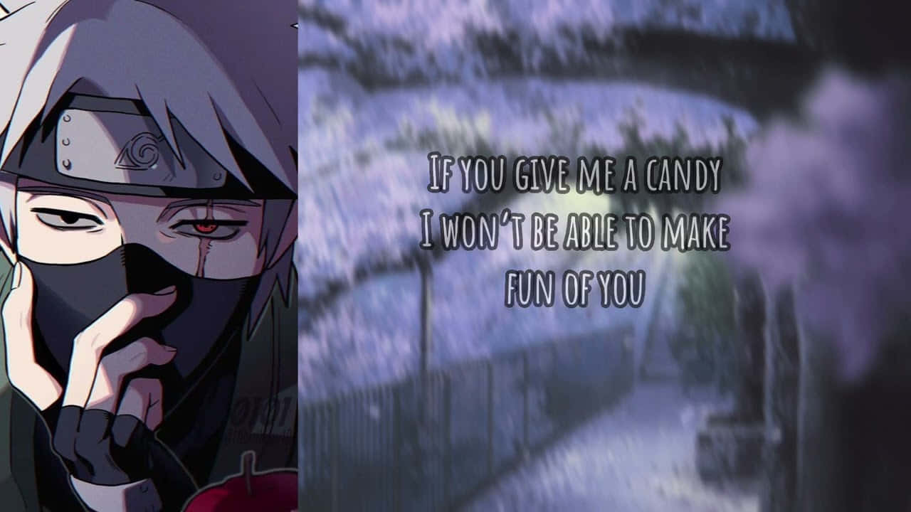 Kakashi Quotes 桌布 壁紙 — 白髮戴面具的動漫角色在模糊紫色路徑上的文字疊加旁將手指放在嘴唇上。
