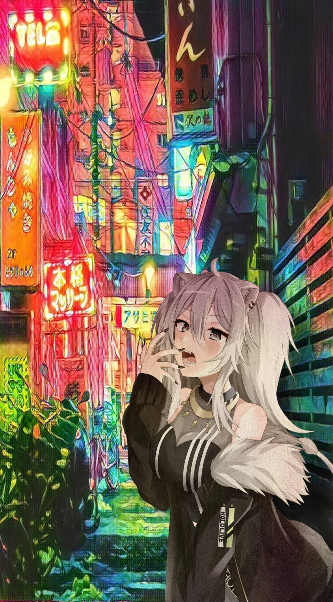 夜晚霓虹燈閃爍的東京小巷中的動漫女孩