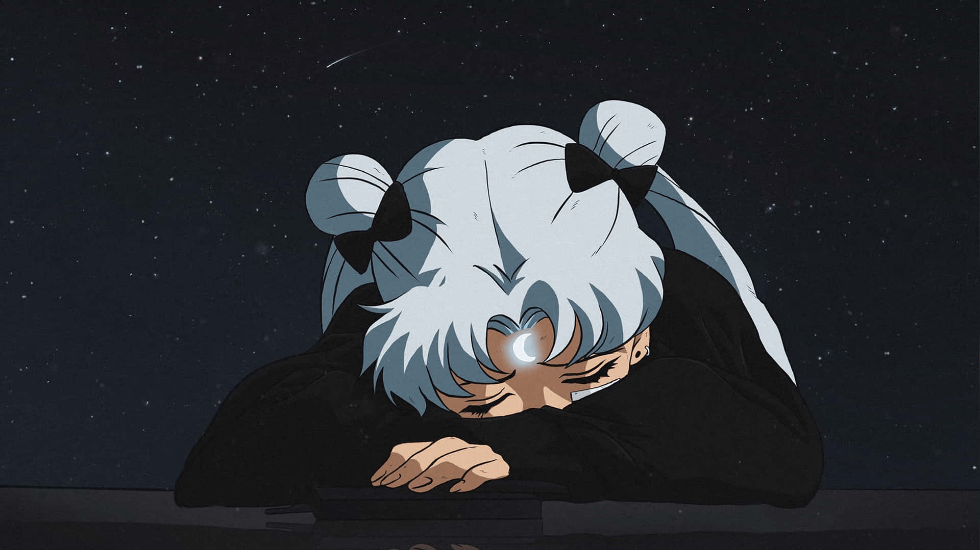 銀色頭髮、雙丸子頭的動漫角色，在星空下將頭靠在壁架上休息。