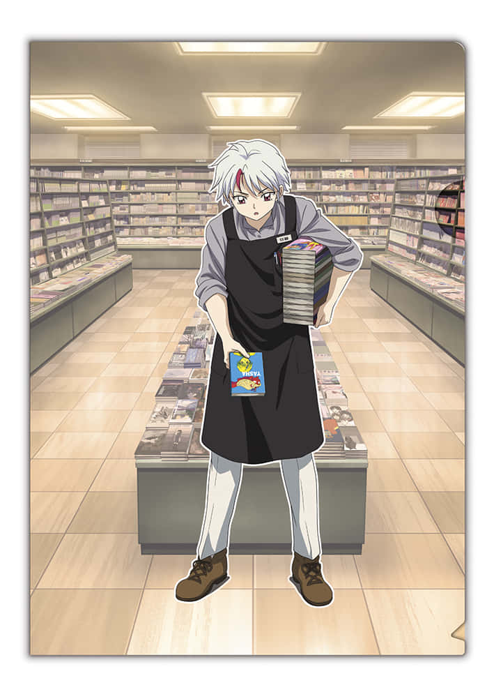 Towa Higurashi 桌布 壁紙 — 白髮紅印的動漫角色站在書店通道，手持書籍和漫畫。