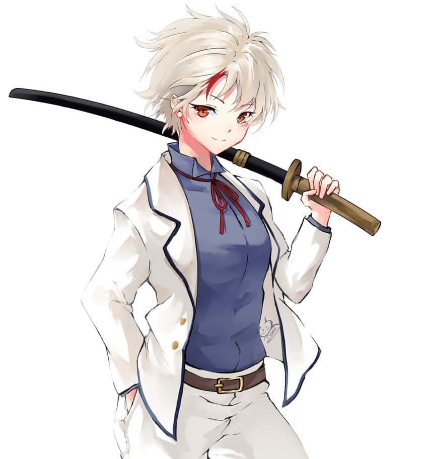 Towa Higurashi 桌布 壁紙 — 白髮紅眼動漫少年自信地將武士刀扛在肩上。