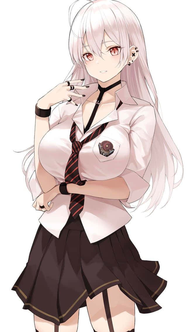 穿著校服的動漫女孩，蒼白頭髮和紅色眼睛，手靠近臉部擺姿勢。