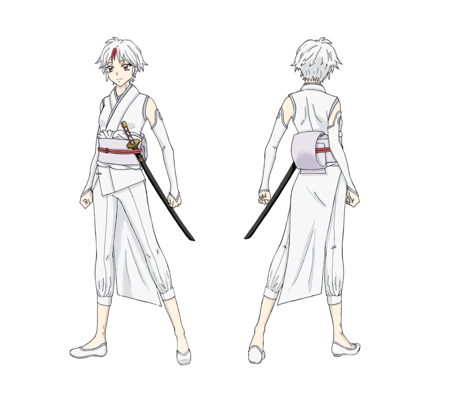 Towa Higurashi 桌布 壁紙 — 白髮紅額印的動漫角色，身穿白色服裝配劍，展示正面和背面。