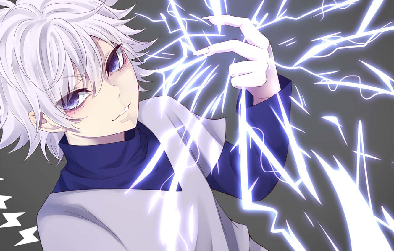 Shonen Anime 桌布 壁紙 — 白髮藍眼的動漫角色在黑暗背景中從指尖釋放出噼啪作響的電能。