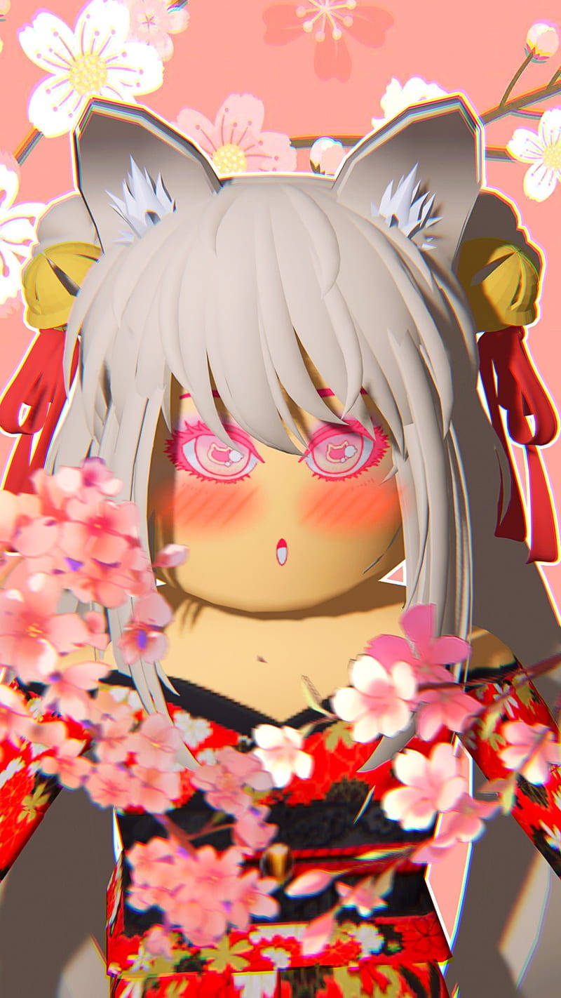 Roblox 桌布 壁紙 — 白髮貓耳動漫少女，在粉紅天空下飄落的櫻花中穿著紅色花卉和服。