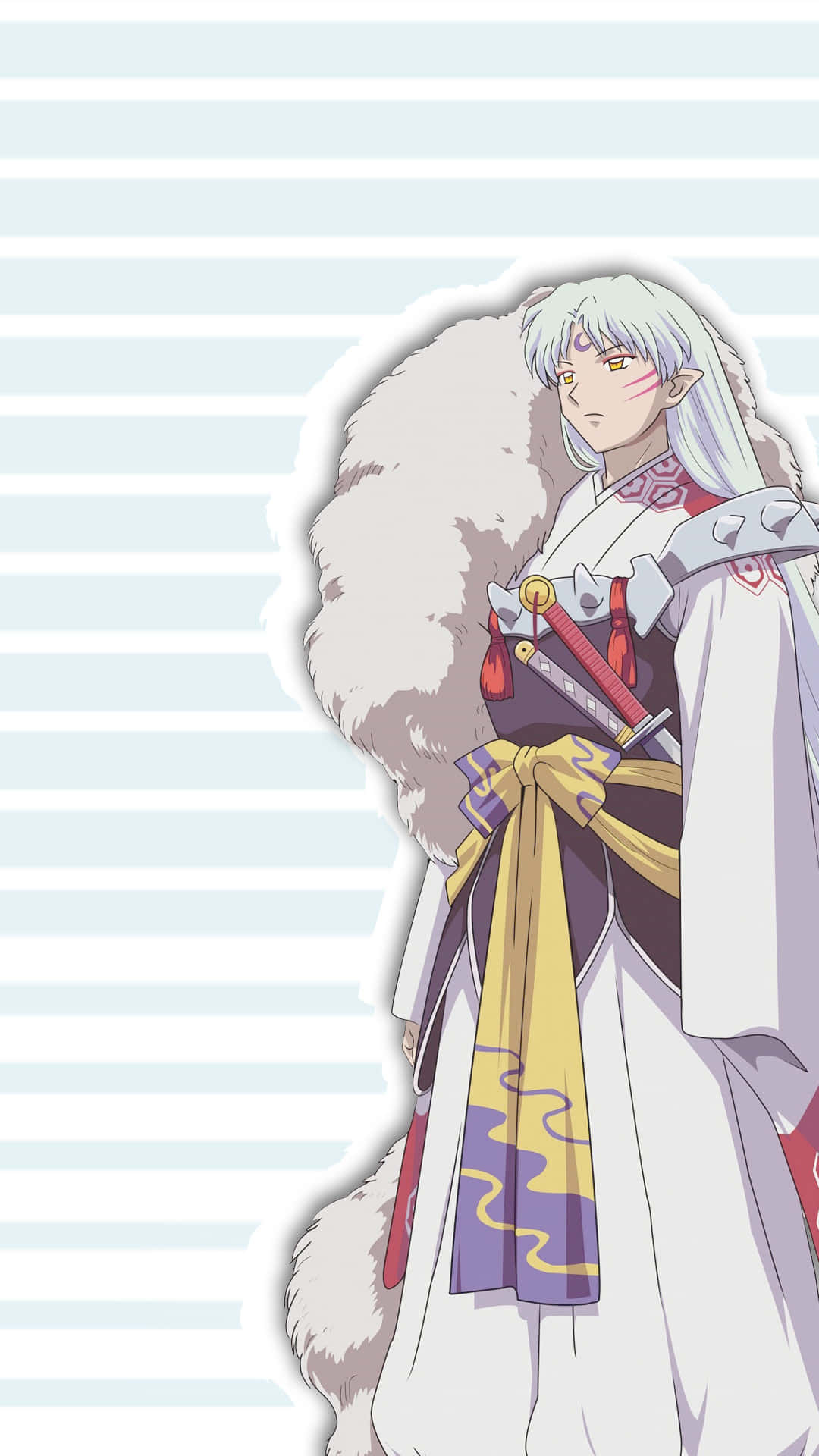 Sesshomaru 桌布 壁紙 — 白髮身穿毛皮襯裡長袍的動漫角色站在淺藍色條紋背景前。