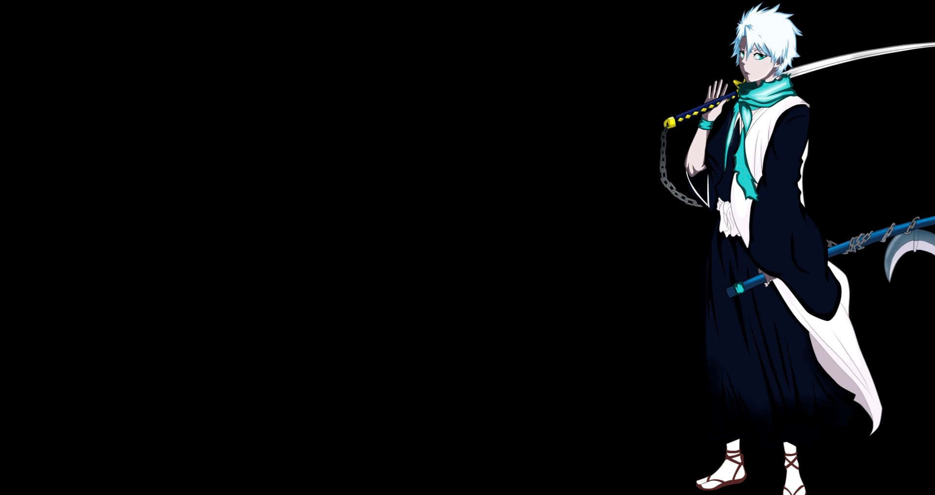 Toshiro Hitsugaya 桌布 壁紙 — 白髮青綠色圍巾的動漫角色在純黑背景中持劍。
