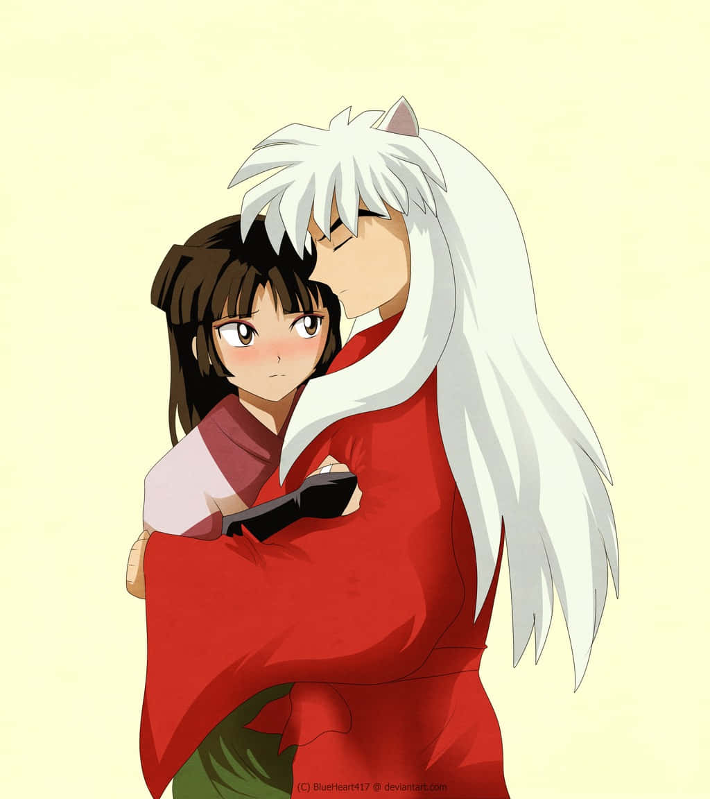 Inuyasha And Sango 桌布 壁紙 — 白髮魔王與穿著傳統長袍、臉紅的人類少女之間溫柔的動漫擁抱。