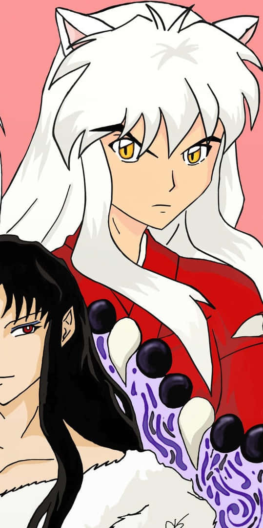 Inuyasha And Naraku 桌布 壁紙 — 白髮黃眼動漫角色，身穿紅色服裝和紫色爪手套，背景為粉紅色。