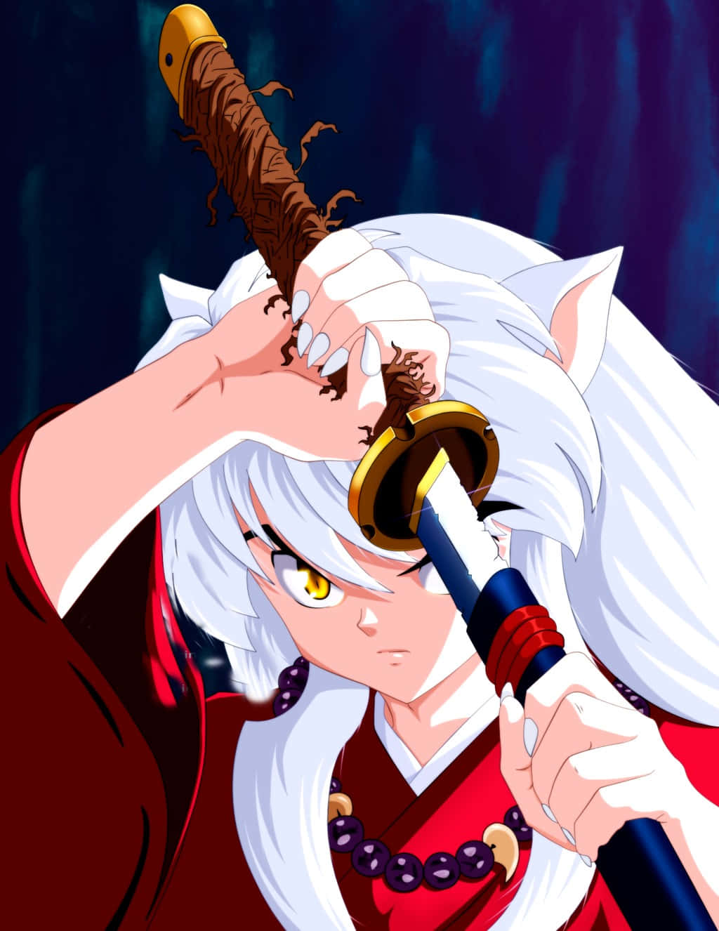 Inuyasha And Tessaiga 桌布 壁紙 — 白髮黃眼的動漫角色在深藍色背景前緊握武士刀。