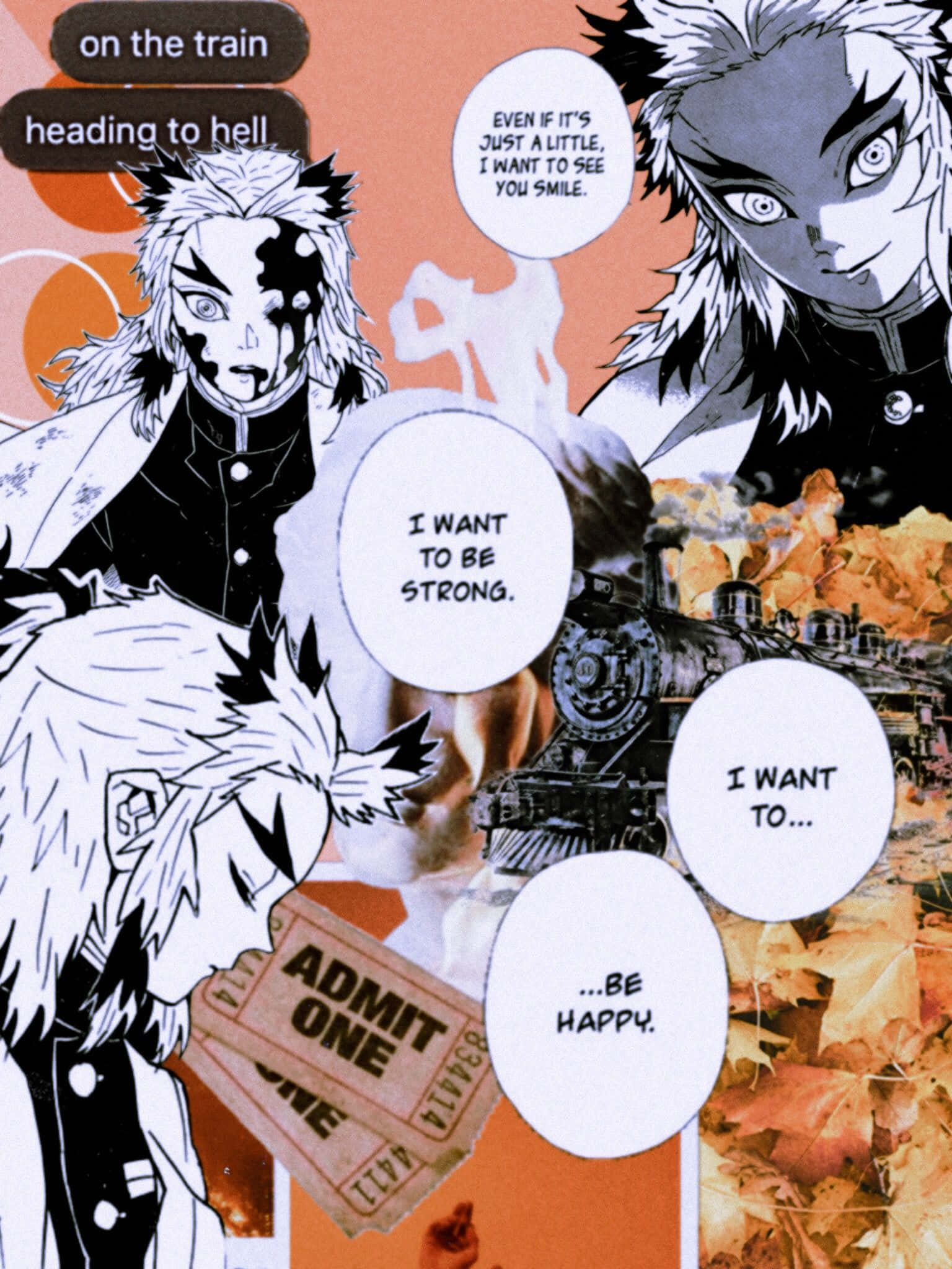 Rengoku Aesthetic 桌布 壁紙 — 白髮黑紋的動漫角色出現在漫畫格中，搭配火車票和秋葉，背景為橙色。