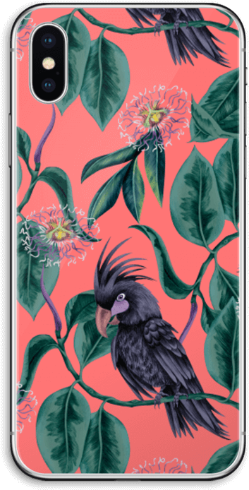 白鳳頭鸚鵡花卉手機殼設計 壁紙 — 一隻有冠的黑色鳥棲息在樹枝上，周圍是茂密的綠葉和粉紅色的西番蓮，背景是珊瑚色。