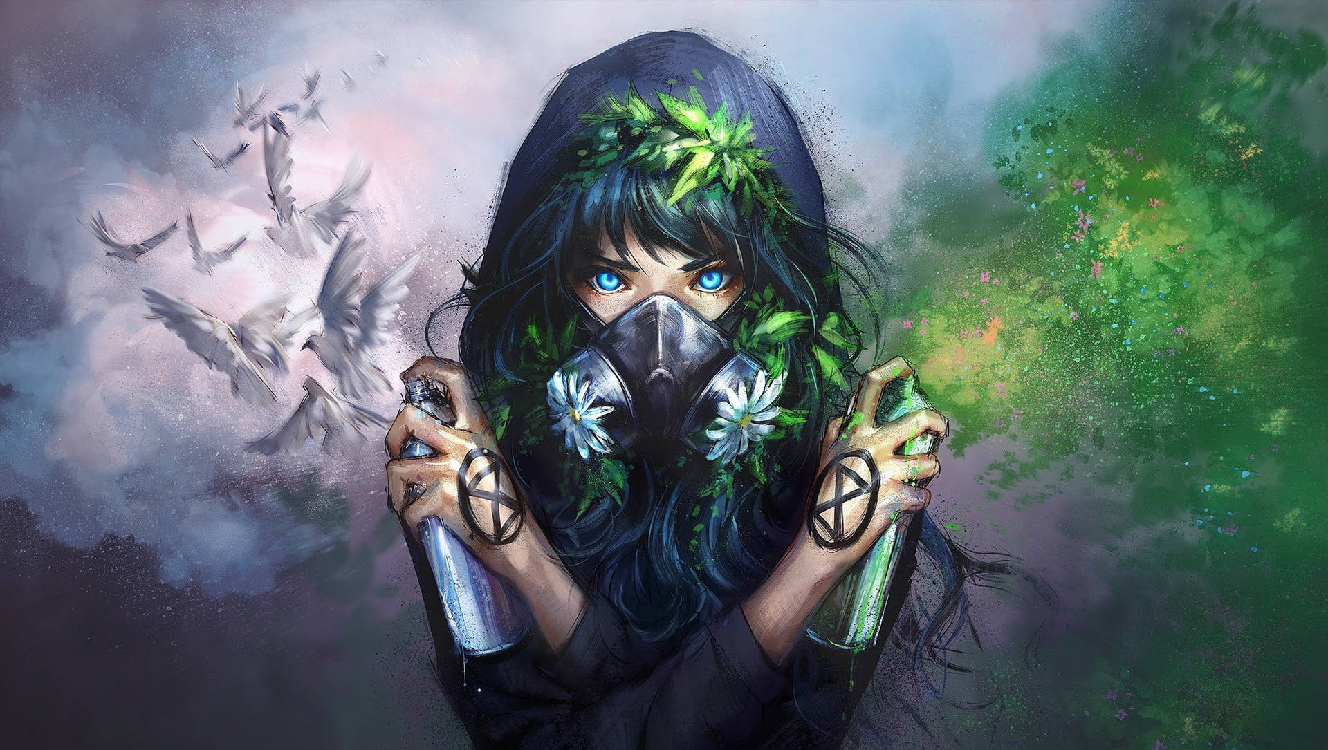一位戴著面具的活動家，藍色眼睛，綠色頭髮，在鳥兒飛過時噴漆。