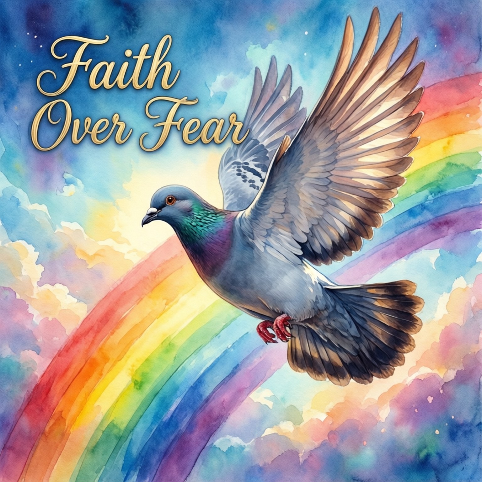 鴿子飛越彩虹，帶有Faith Over Fear文字的水彩風格。