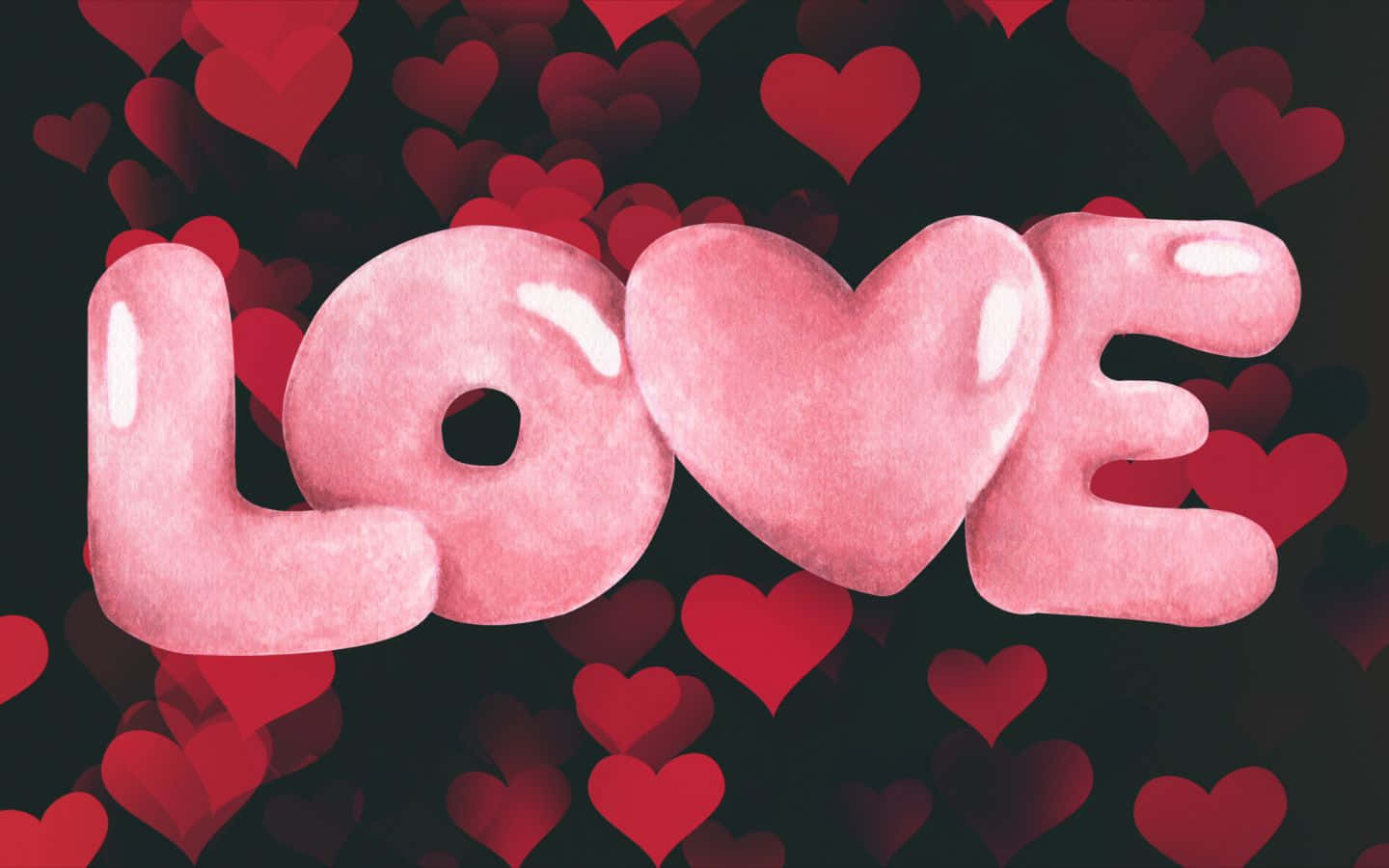 白鷺飛越壯麗的黃昏天空 壁紙 — 「LOVE」一詞以光澤粉紅色3D字母呈現，其中O被心形取代，周圍環繞著紅色心形，背景為深色。