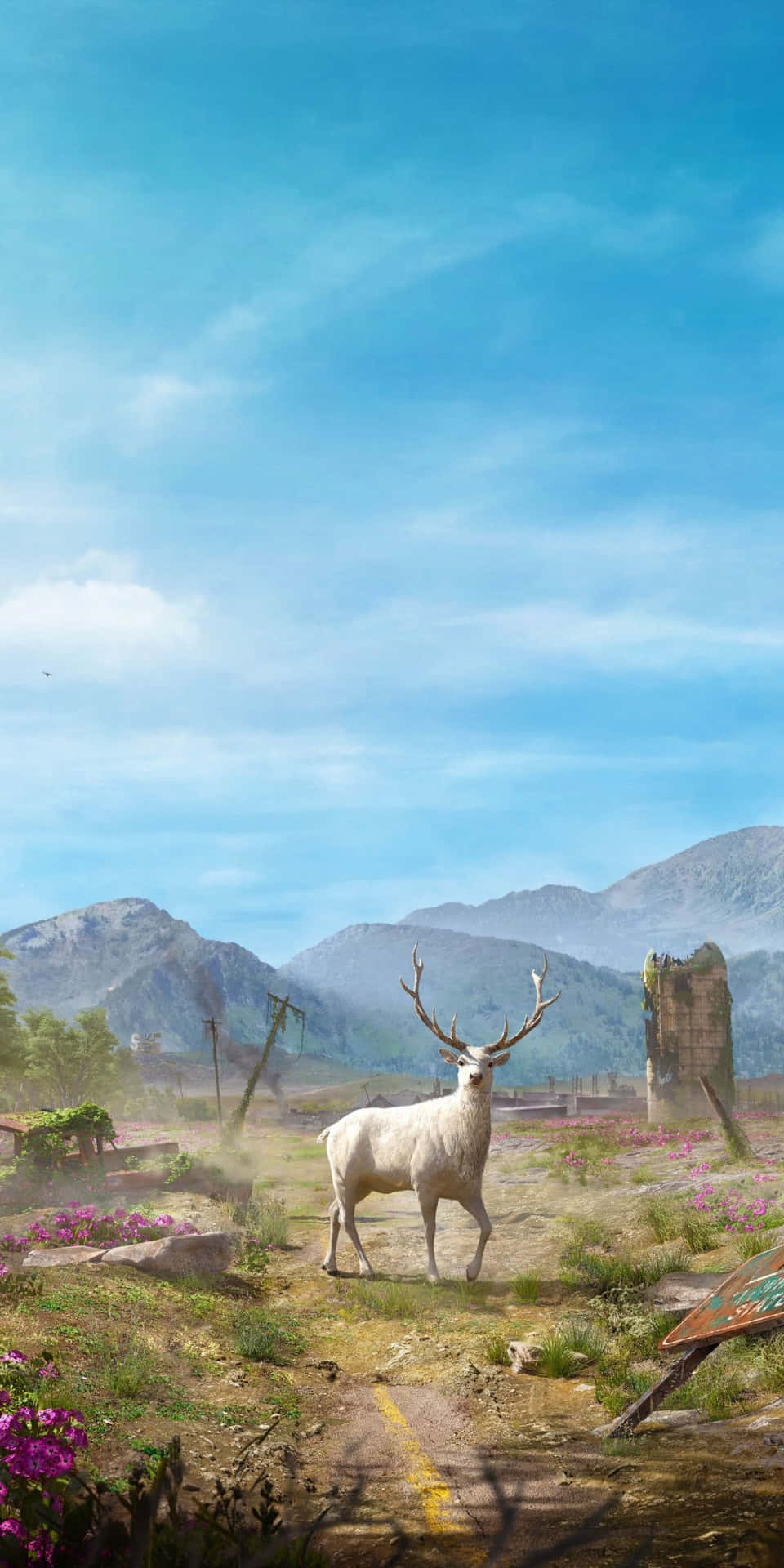 白鹿背景：Far Cry New Dawn Pixel 3 壁紙 — 一頭雄偉的白鹿站在陽光明媚的紫色花田中，遠山和清澈的藍天為背景。