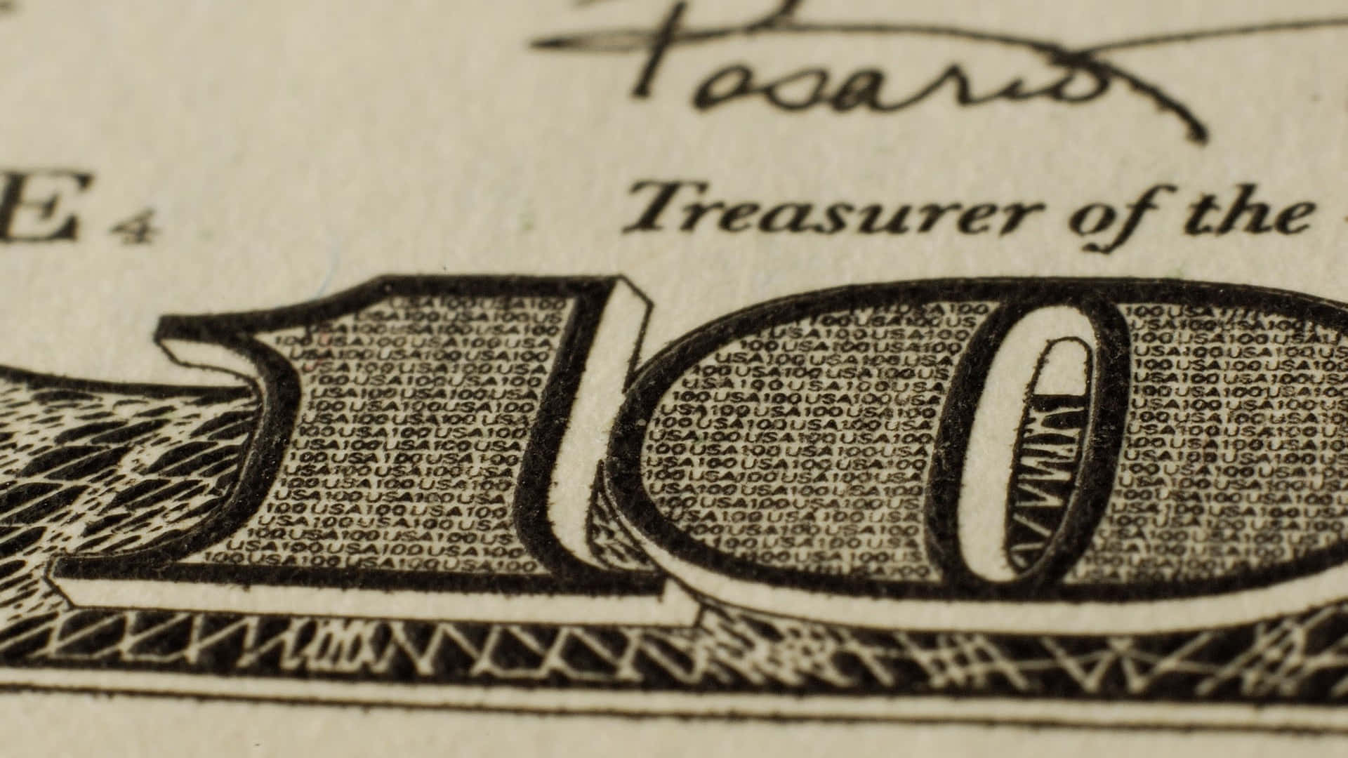 一個單色寶箱，標有「Treasurer of the」字樣，並重複出現USA100文字。