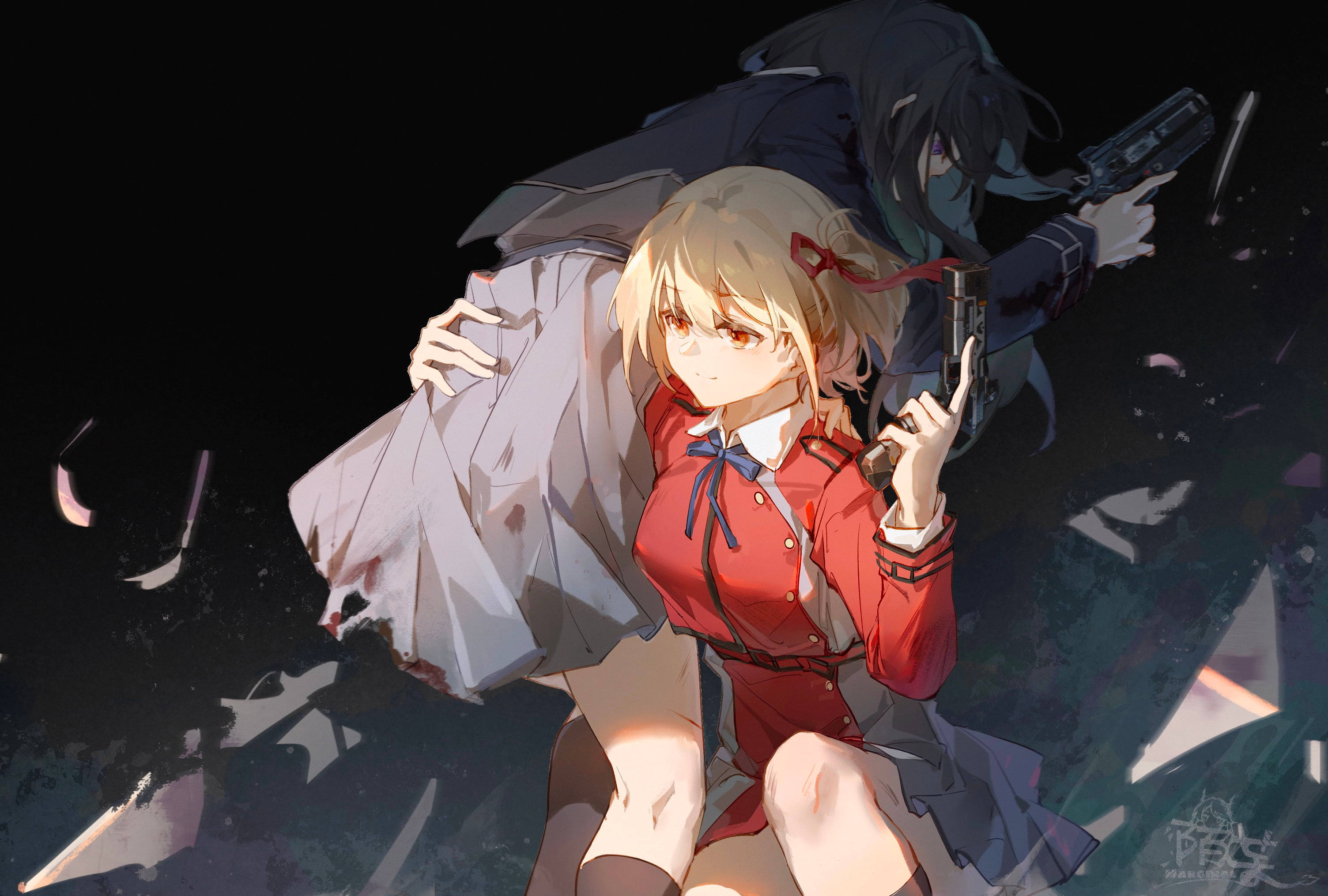 百合與高槻的戰場情誼 壁紙 — 一個金髮動漫女孩穿著紅色校服，手持手槍，而她身後的黑髮人物在碎玻璃中瞄準另一把槍。