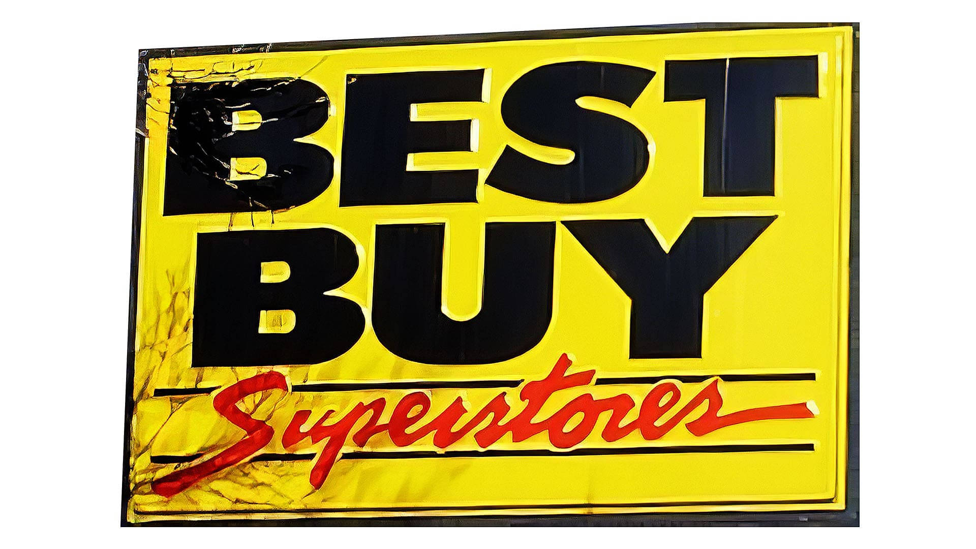 百思 buy 超級商店標誌 壁紙 — 一個風化發黃的Best Buy Superstores招牌，玻璃破裂，黑色和紅色粗體字。