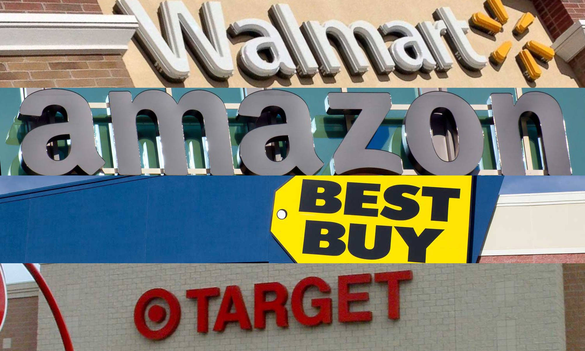 百思 buy 零售集團 壁紙 — 大型零售商店招牌的拼貼畫，包括 Walmart、Amazon、Best Buy 和 Target，並排顯示在建築物外牆上。