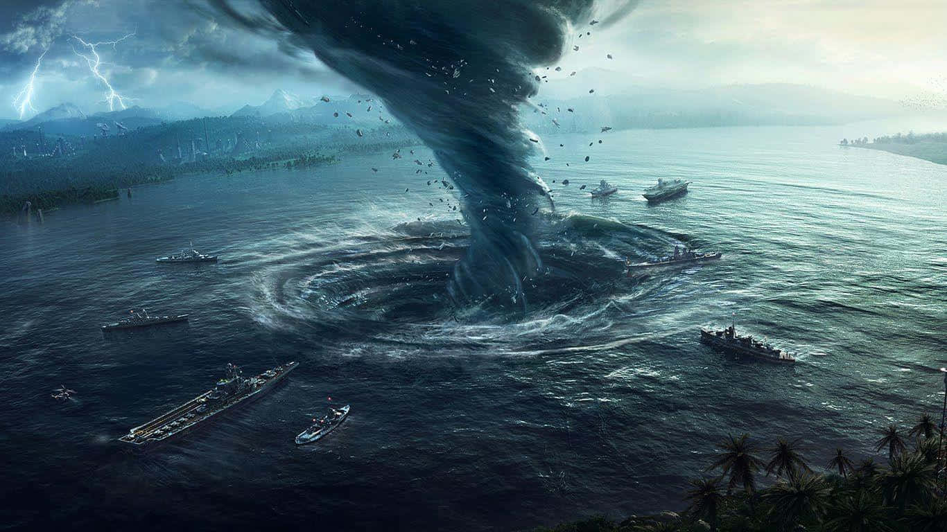 巨大的龍捲風在暴風雨中的海洋摧毀軍艦，天空中有閃電。