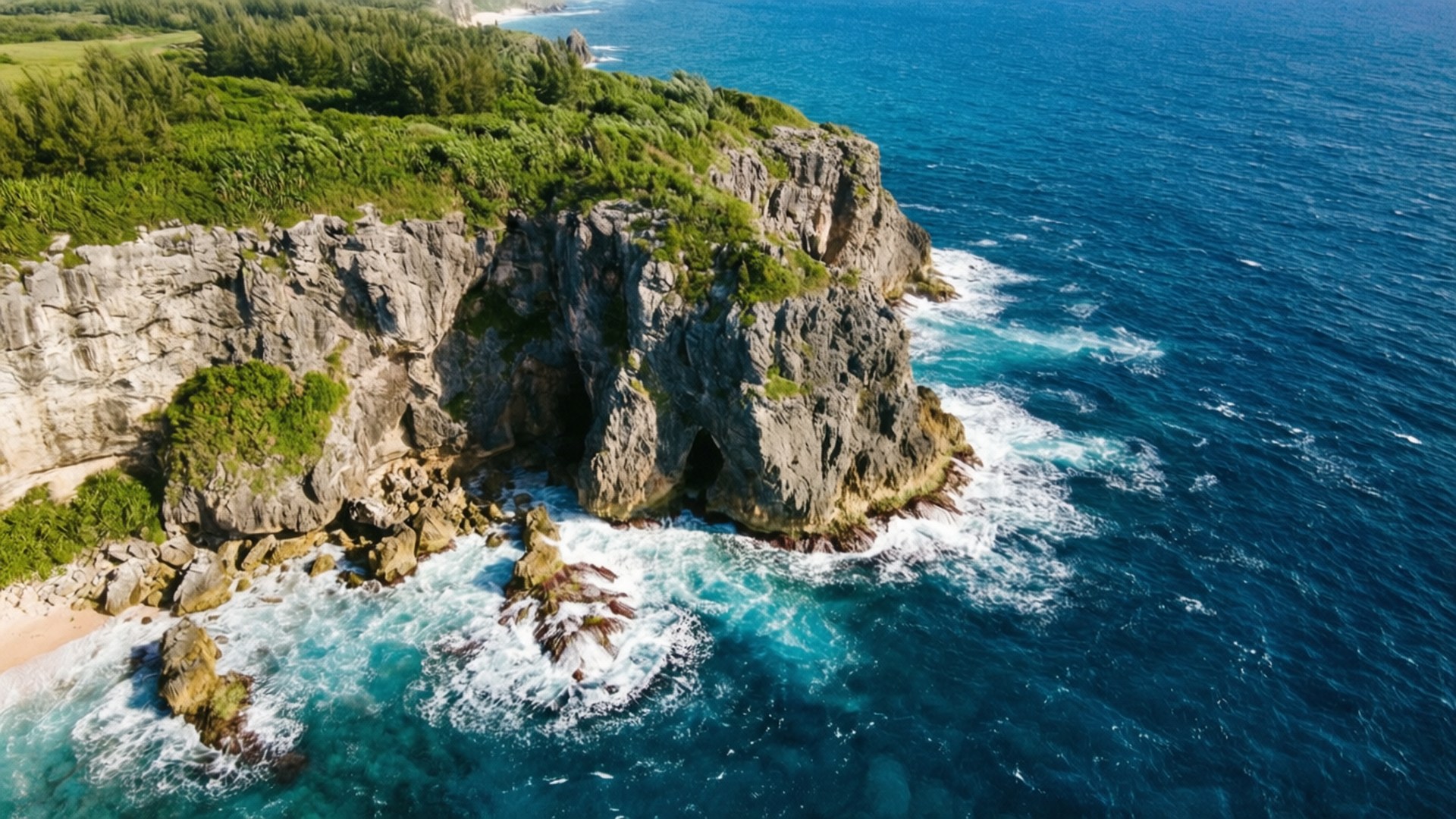 崎嶇的懸崖，覆蓋著綠色植被，與撞擊岩石海岸的碧綠海浪相遇。
