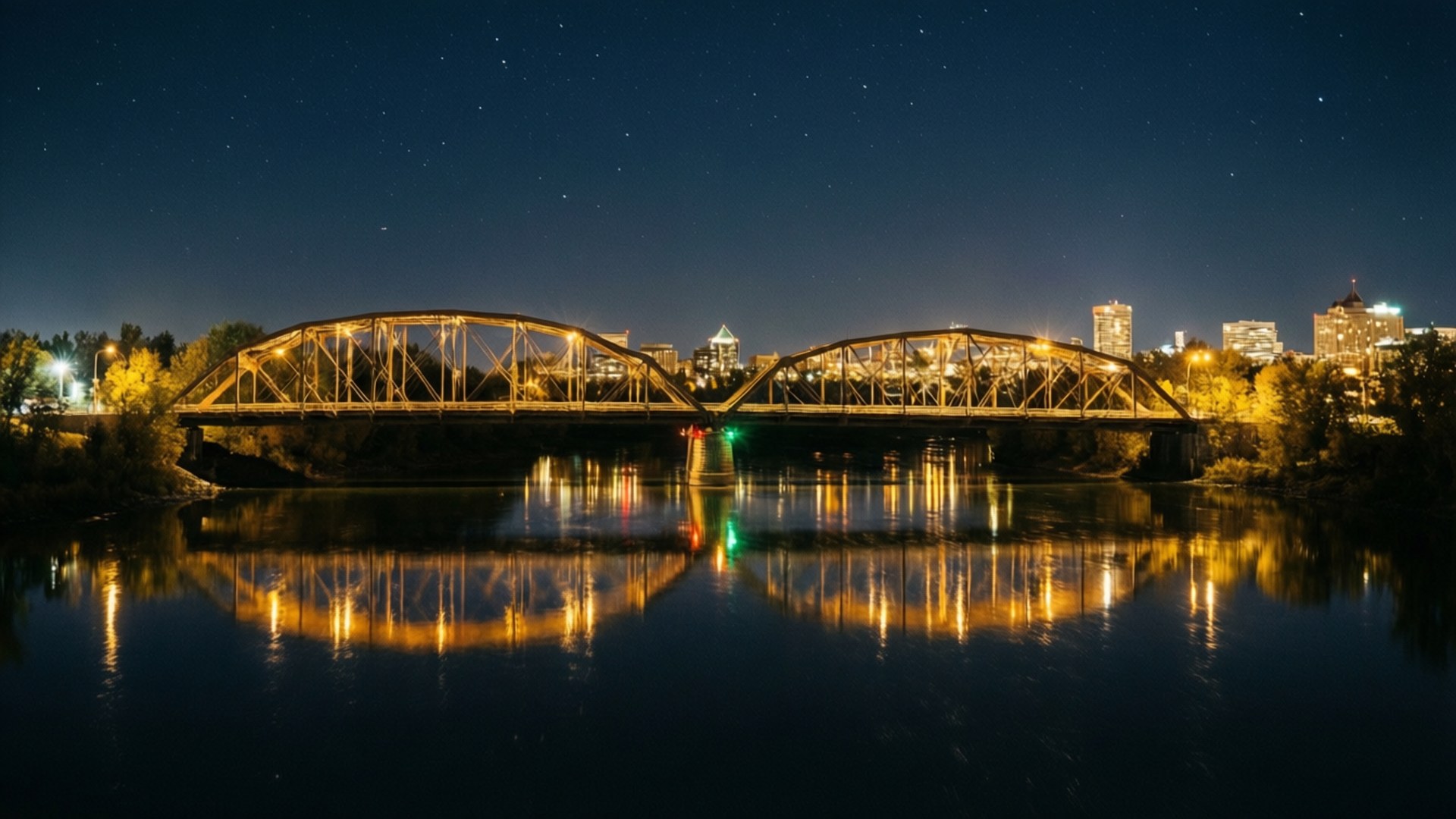 百老匯橋夜景輝光 壁紙 — 星空下的夜空俯瞰著一座發光的桁架橋，橫跨平靜的河流，城市燈光在下方反射。