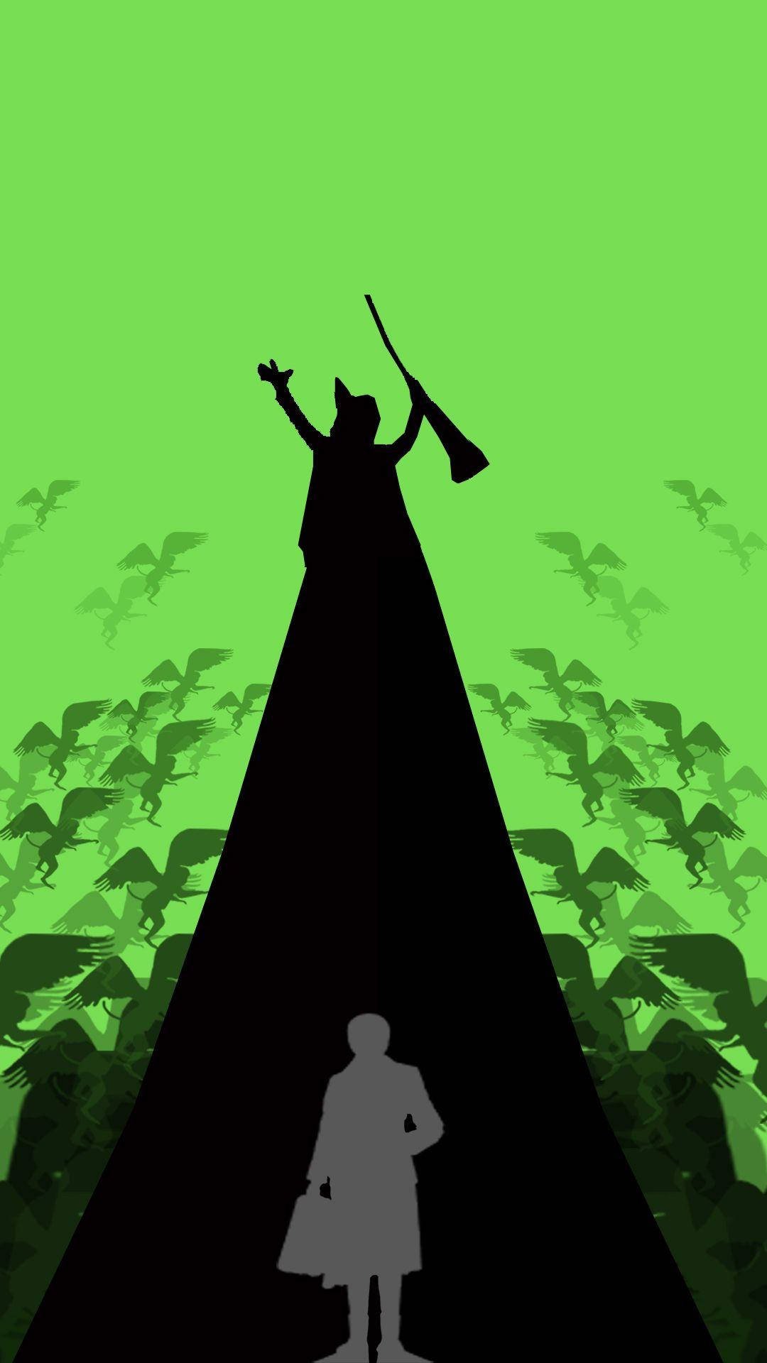 一個小人站在一個手持號角、被飛行生物包圍的 towering 黑暗身影前，背景為綠色。