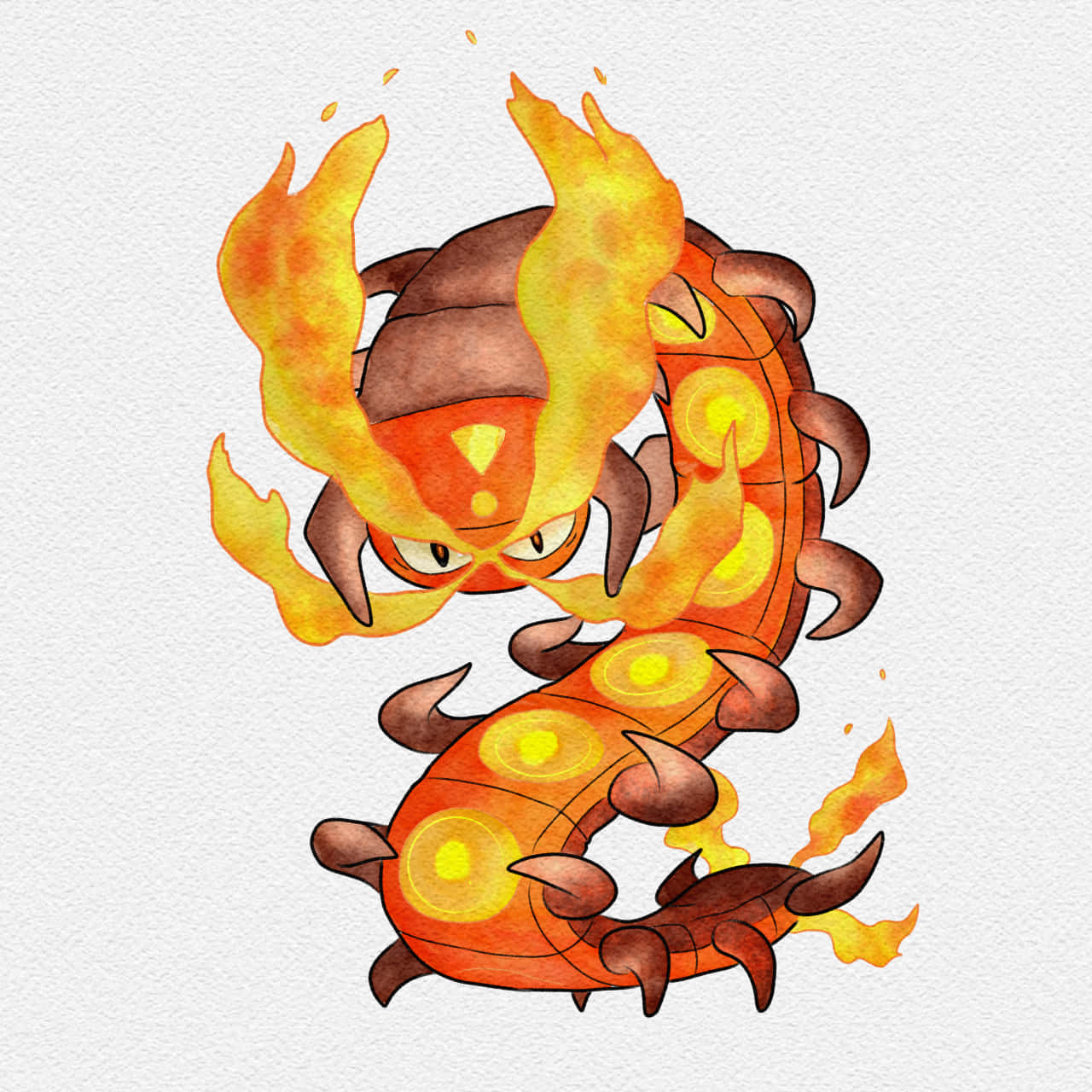 百足火蟲於純色背景 壁紙 — 一幅火熱的水彩插圖，描繪了一隻卡通蜈蚣，帶有發光的橙色體節和火焰狀附肢，背景為有紋理的白色。