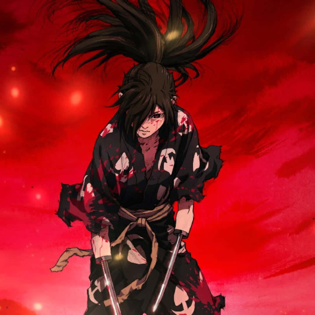 動漫戰士武士，血染和服，雙刀，背景為紅色天空。