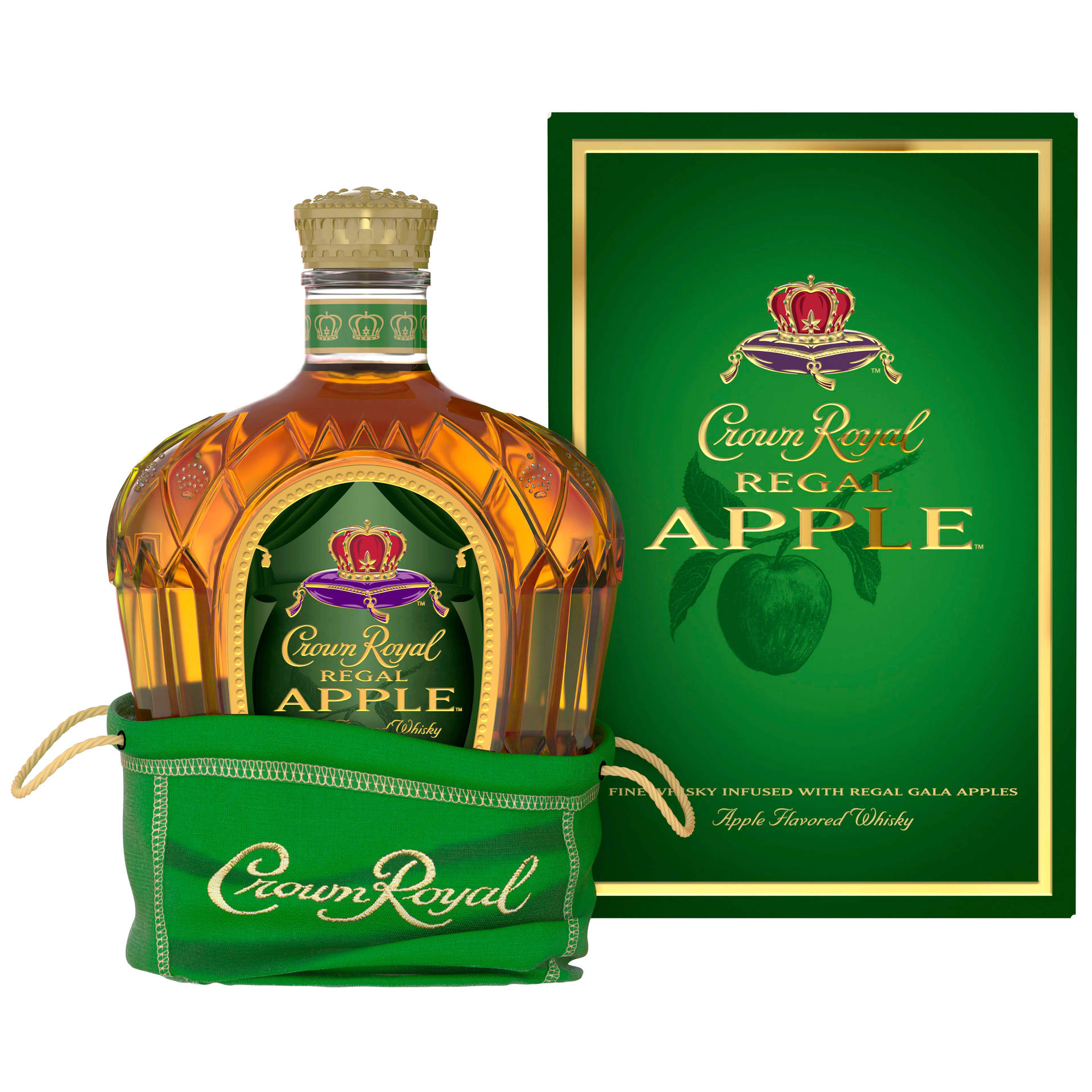 Crown Royal Regal Apple威士忌瓶裝在綠色天鵝絨袋中，配有相配的盒子。