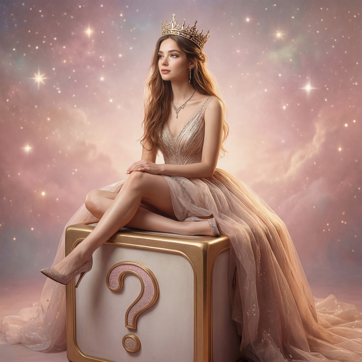 皇后保琳的夢境 壁紙 — 一位戴著皇冠、身穿閃亮長裙的女性，優雅地坐在一個巨大的問號方塊上，背景是星光閃爍的粉紅色宇宙。
