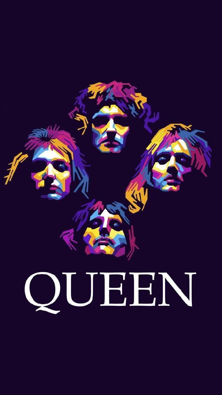 Queen 樂隊成員的彩色風格化肖像以圓形排列，下方有樂隊名稱。