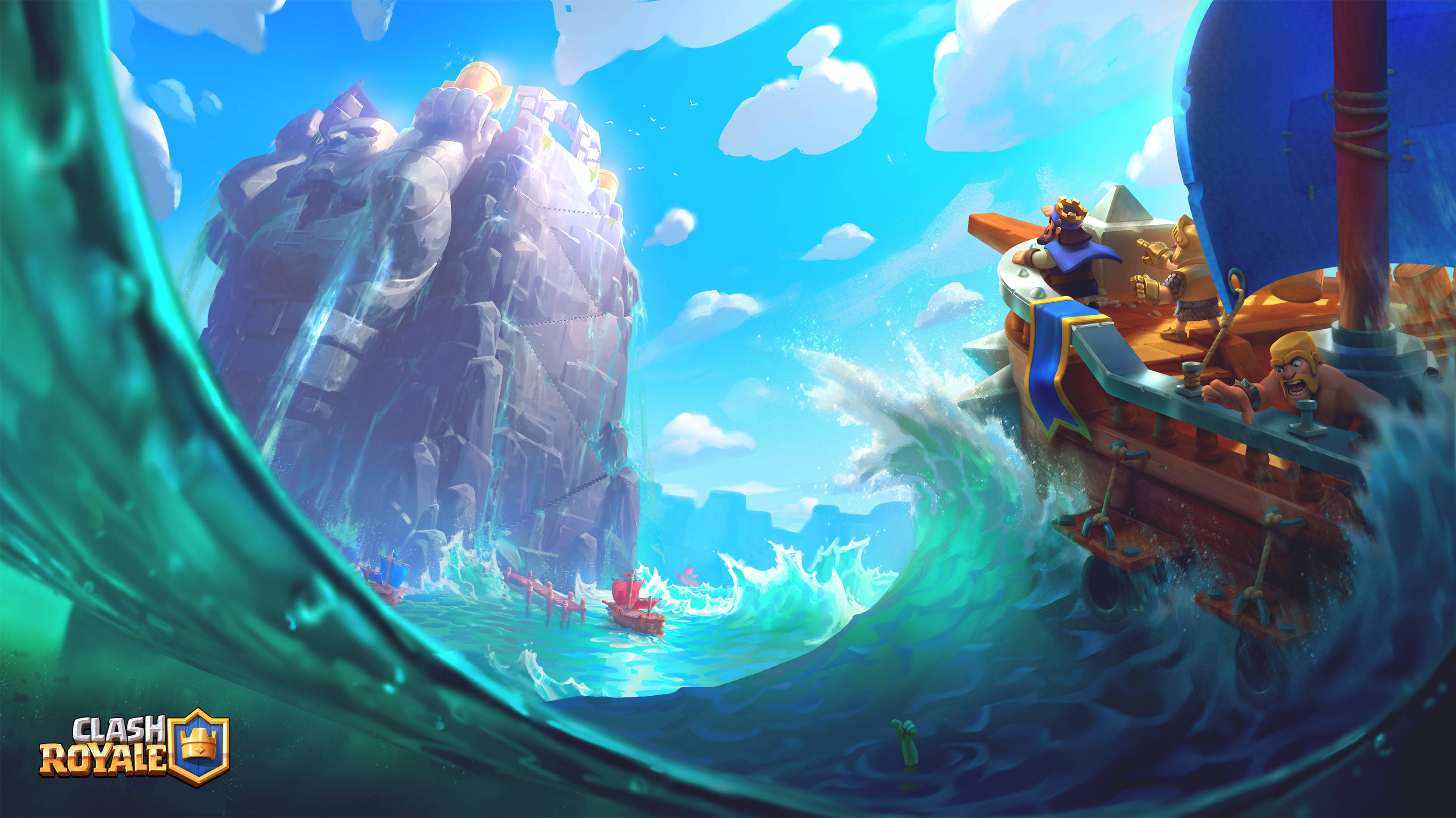 《皇室戰爭》手機遊戲海洋壁紙 壁紙 — 一個充滿活力的Clash Royale戰鬥場景，一艘木船在明亮的藍天下穿過巨大的海浪，駛向高聳的石頭堡壘。
