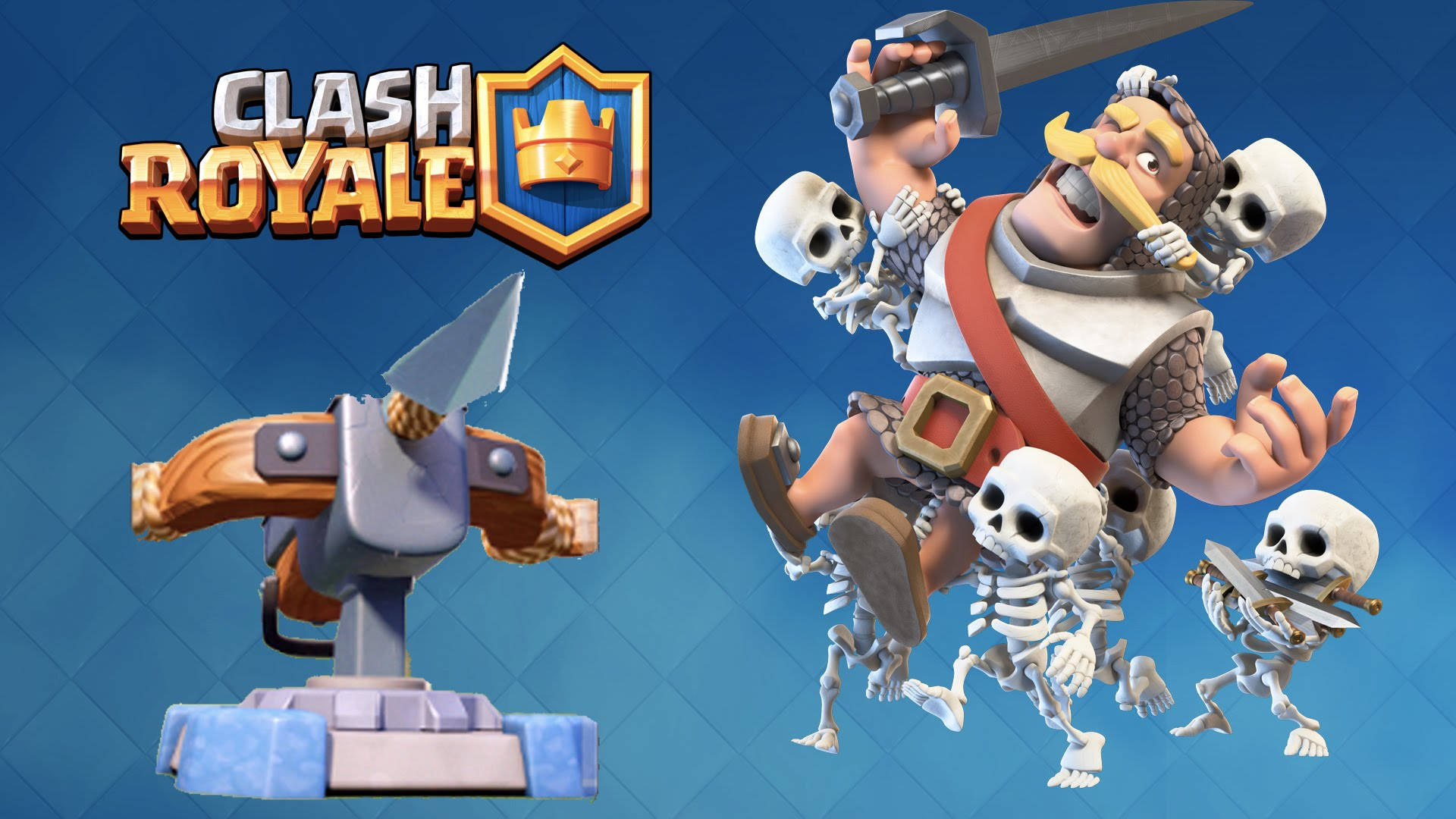 Clash Royale 遊戲角色，帶有骷髏和迫擊砲，背景為藍色。