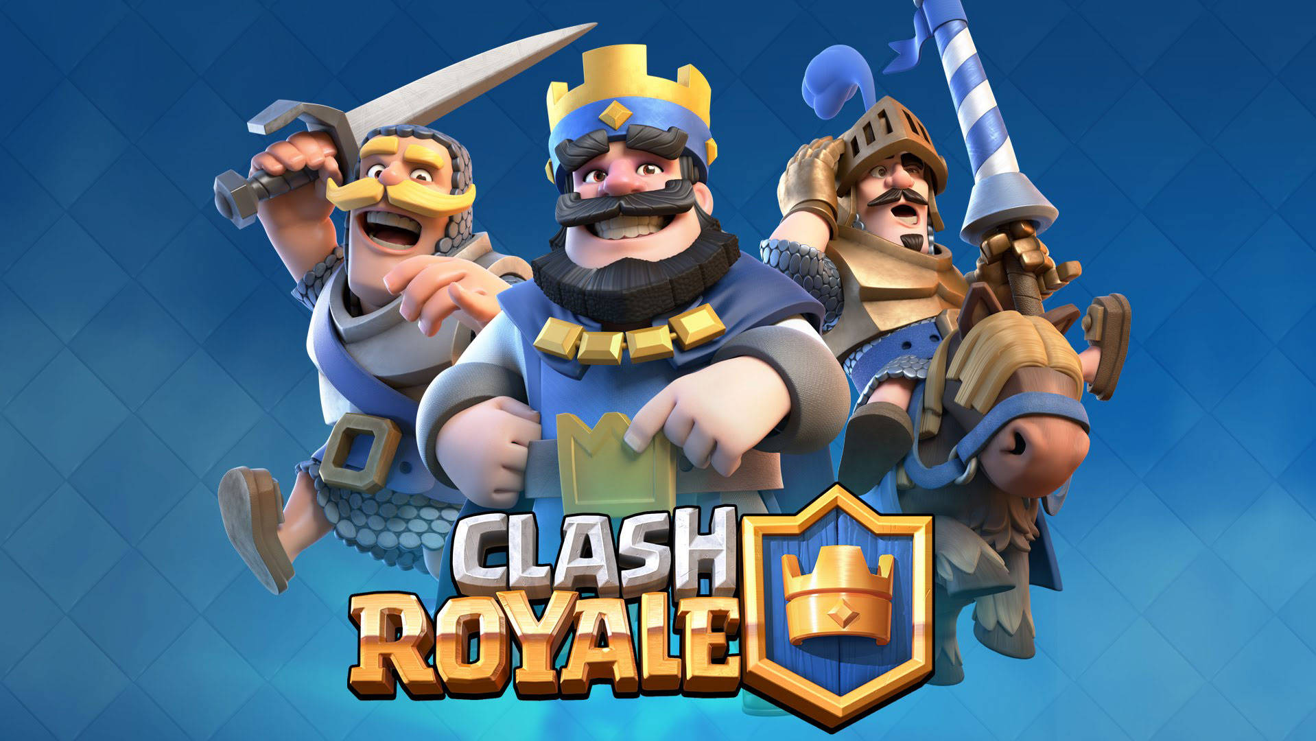 三個動畫戰士身穿盔甲手持武器，帶有Clash Royale標誌