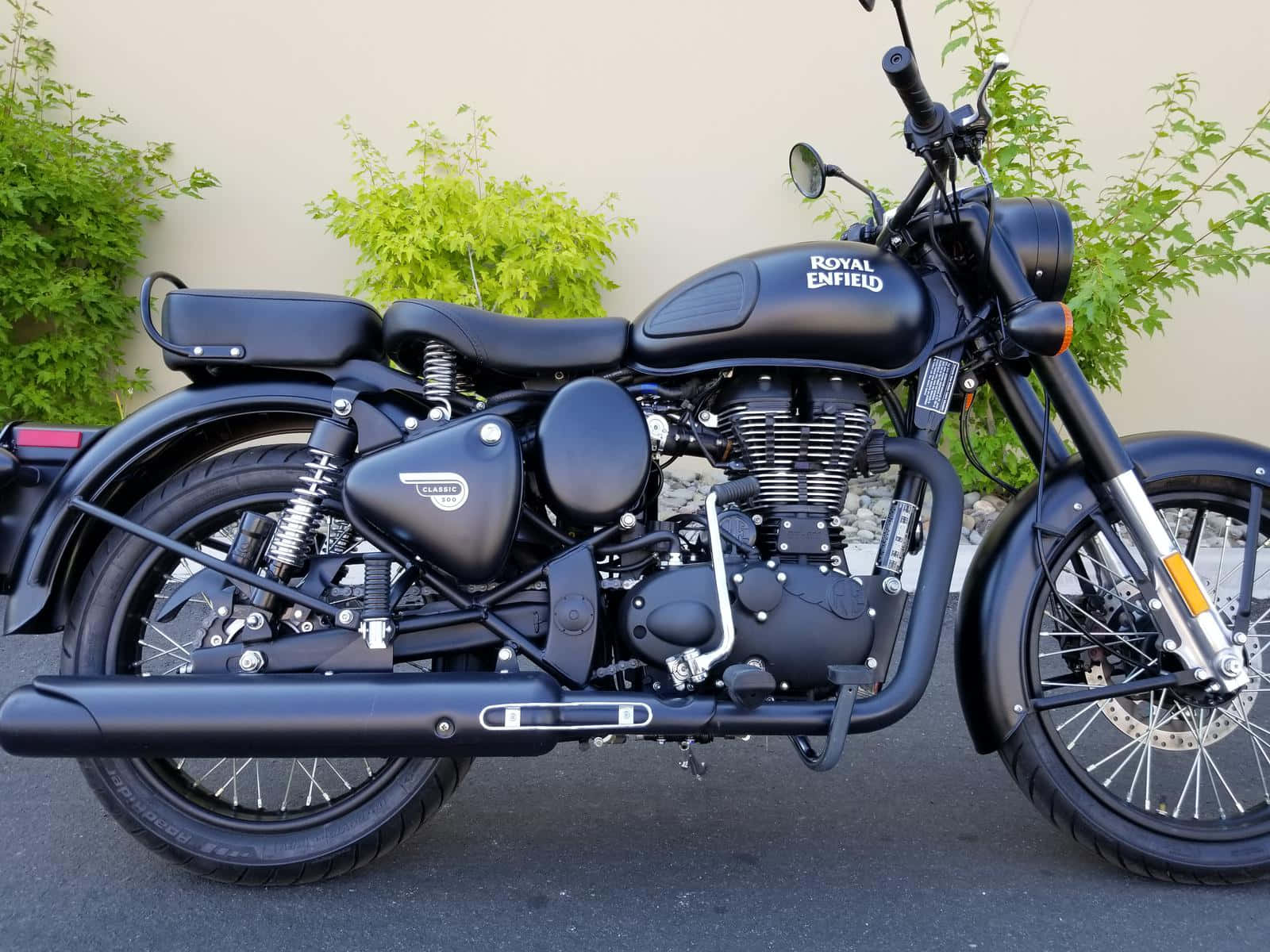 啞光黑色 Royal Enfield 電單車泊喺戶外近綠色灌木叢。