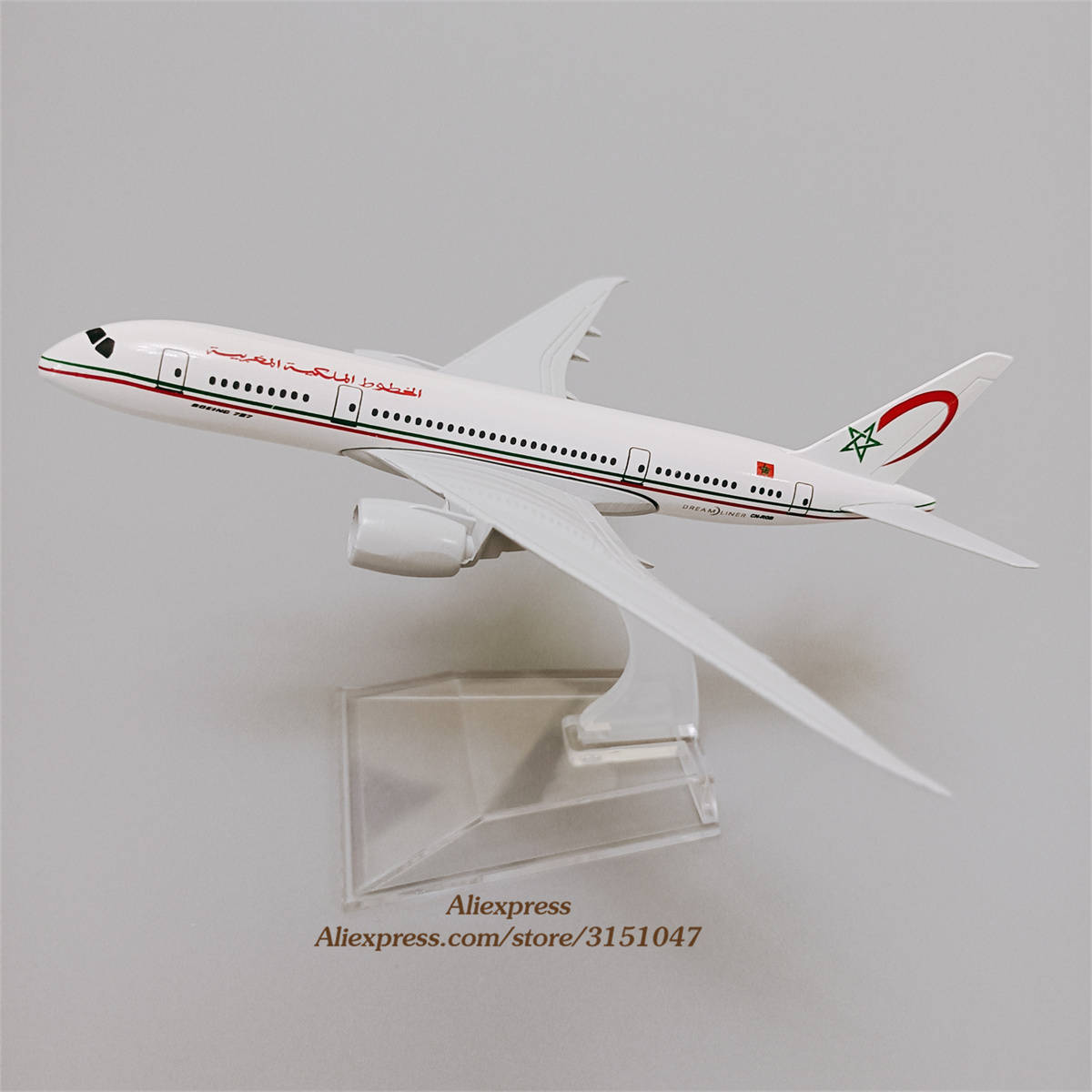 皇家摩洛哥航空迷你玩具模型 壁紙 — 摩洛哥航空波音787的詳細白色模型，置於透明支架上，背景為純灰色。