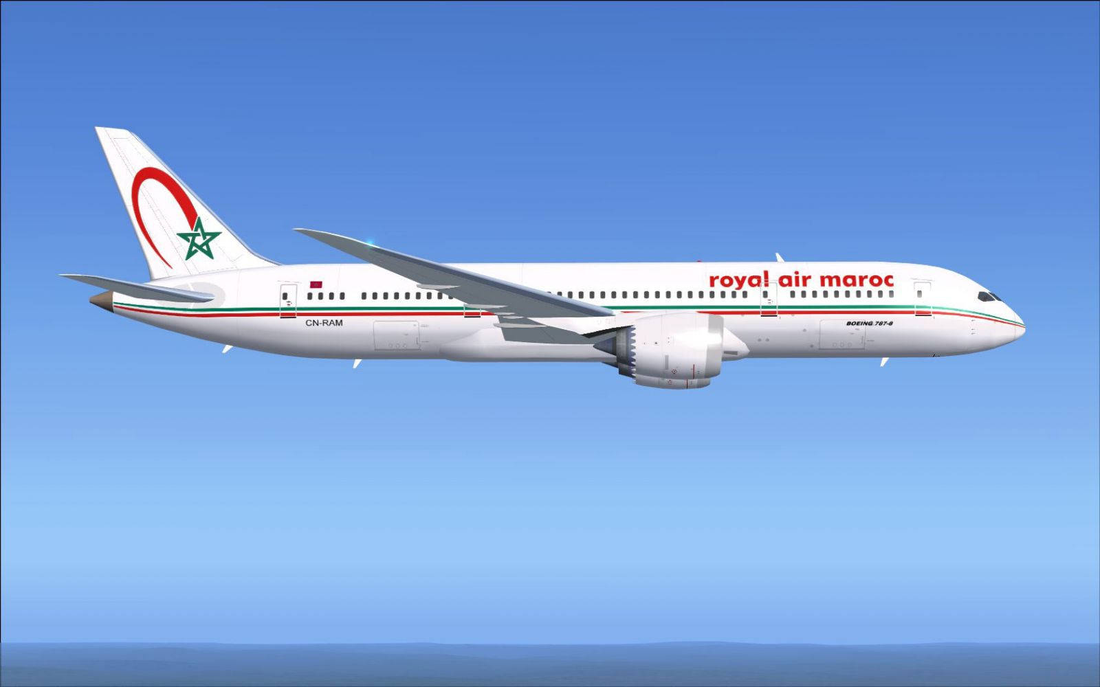 皇家摩洛哥航空飛越地平線 壁紙 — 皇家摩洛哥航空的波音787-9在海洋地平線上的清澈藍天中優雅翱翔。