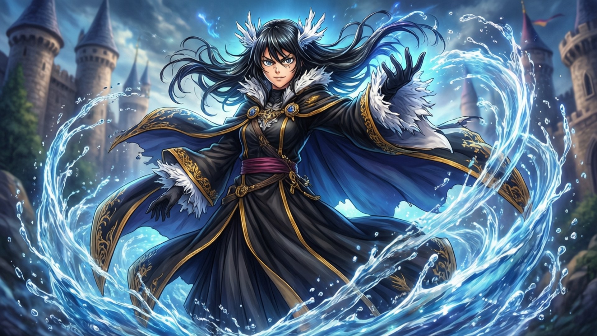 動漫法師在暴風雨中於城堡前控制水魔法。